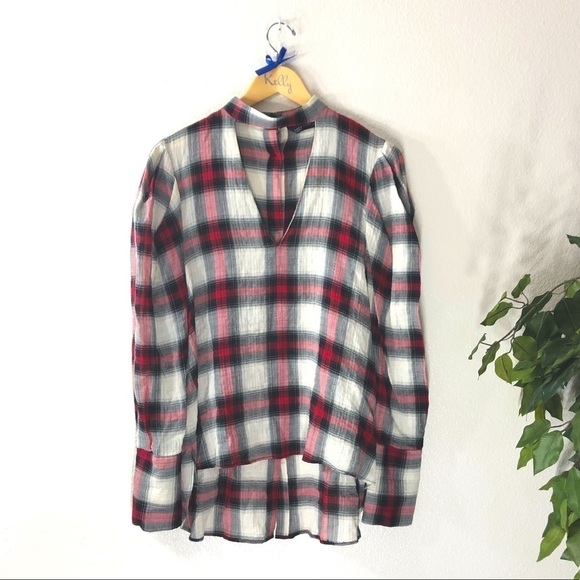 Zara Oversized Keyhole Plaid Top - Picture 1 of 9